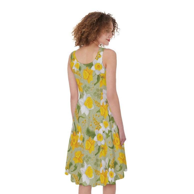 Vintage Daffodil Flower Pattern Print Sleeveless Knee Length Dress