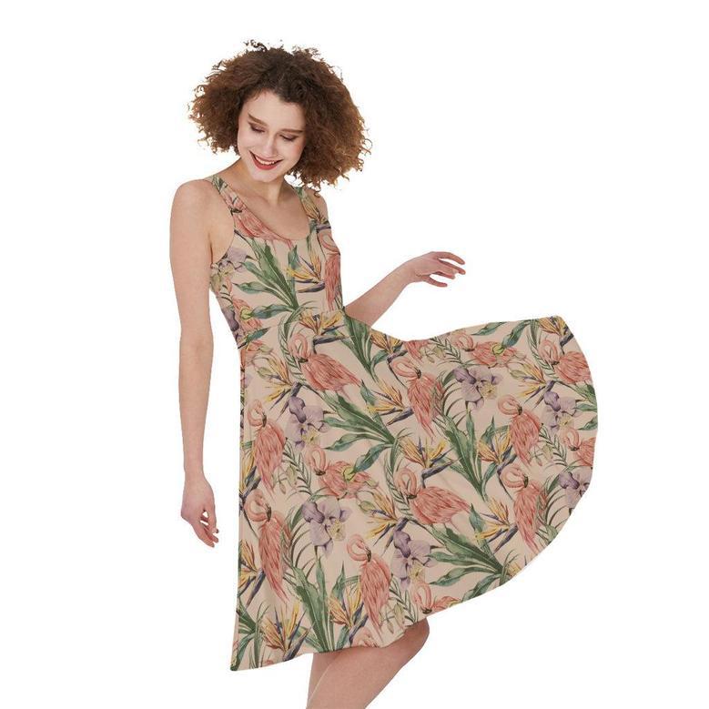 Vintage Flamingo Pattern Print Sleeveless Knee Length Dress