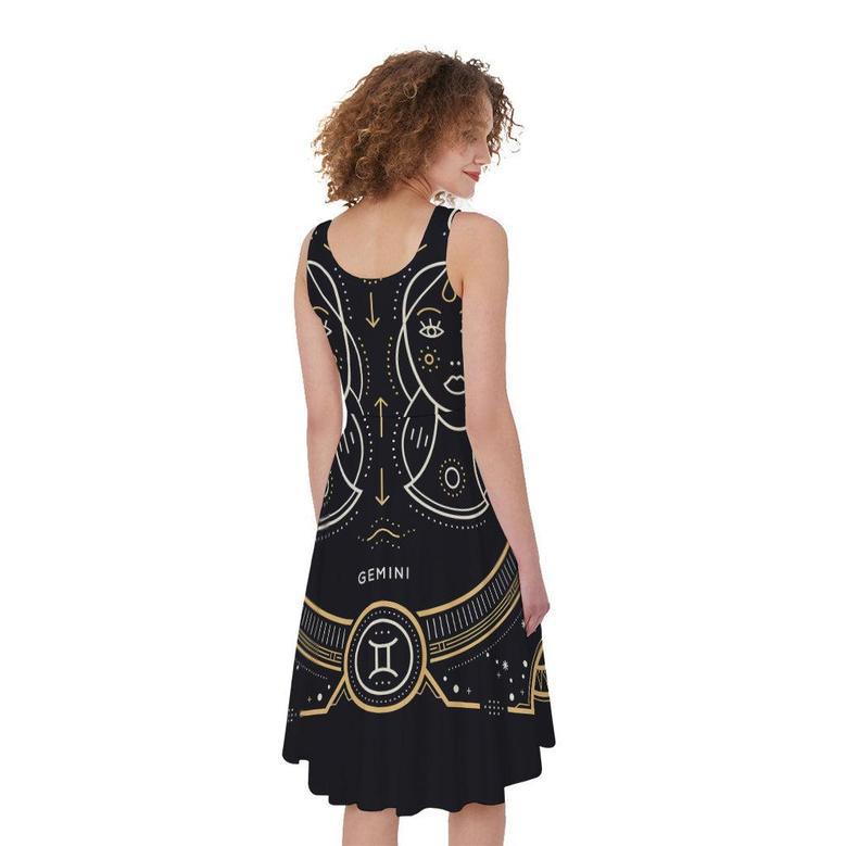 Vintage Gemini Zodiac Sign Print Sleeveless Knee Length Dress