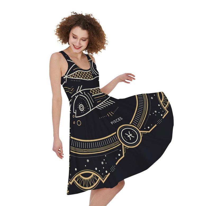 Vintage Pisces Zodiac Sign Print Sleeveless Knee Length Dress