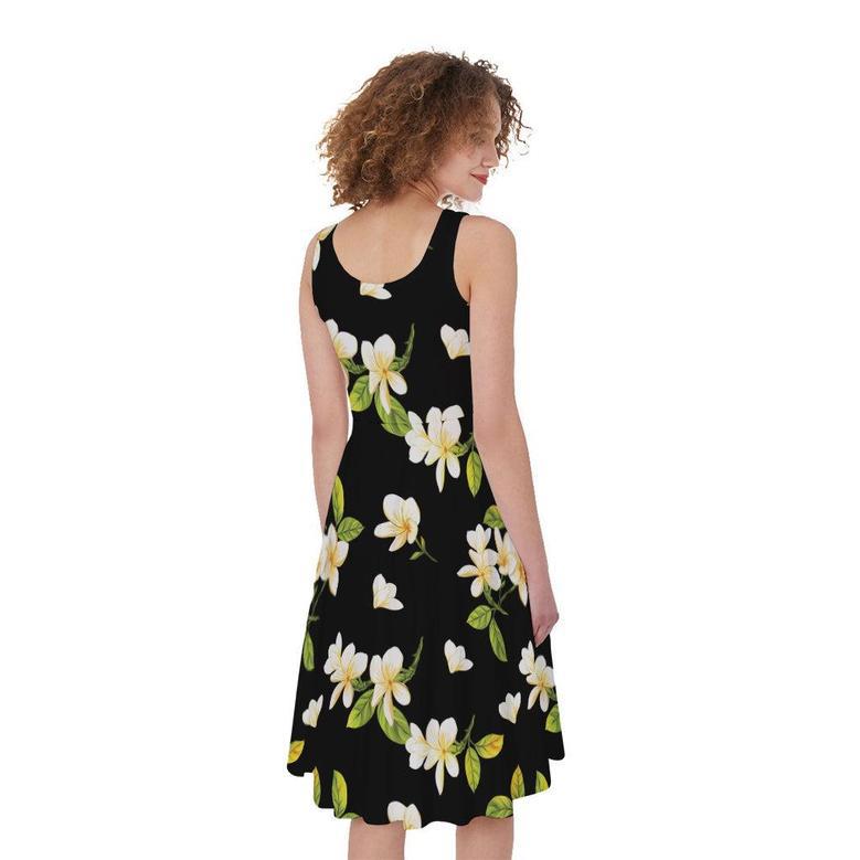 Vintage Plumeria Flower Pattern Print Sleeveless Knee Length Dress