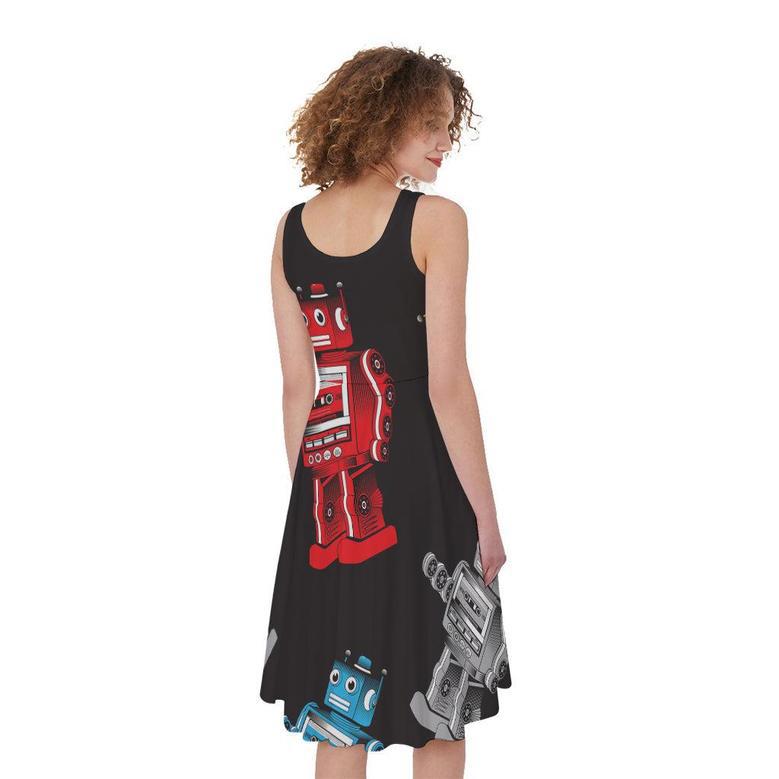 Vintage Robot Pattern Print Sleeveless Knee Length Dress