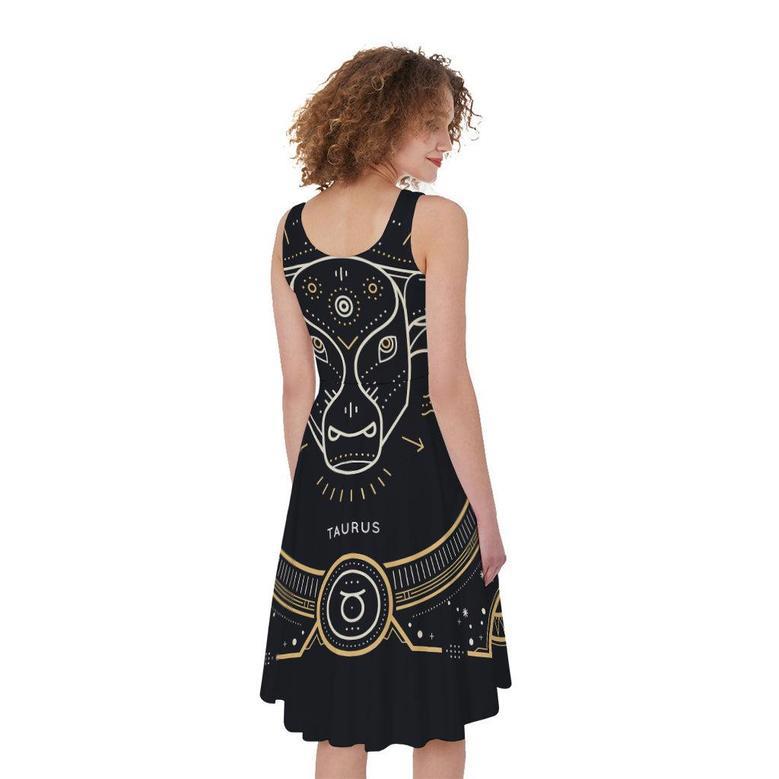 Vintage Taurus Zodiac Sign Print Sleeveless Knee Length Dress