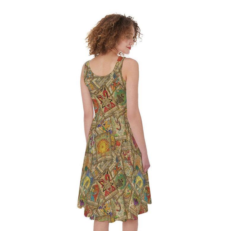 Vintage Wicca Tarot Card Print Sleeveless Knee Length Dress