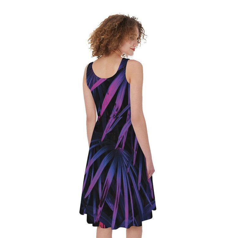 Violet Tropical Leaves Print Sleeveless Knee Length Dress