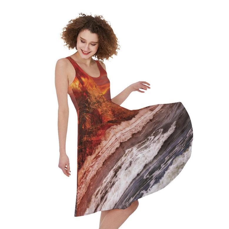 Volcano On The Sea Print Sleeveless Knee Length Dress