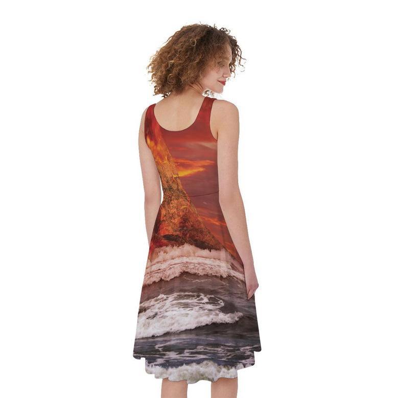 Volcano On The Sea Print Sleeveless Knee Length Dress