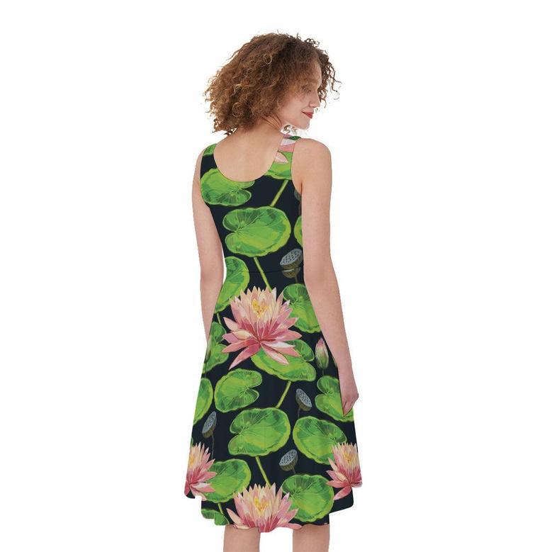 Water Lily Flower Pattern Print Sleeveless Knee Length Dress