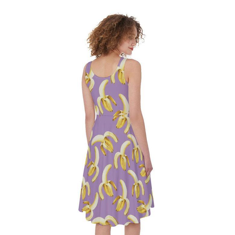 Watercolor Banana Pattern Print Sleeveless Knee Length Dress