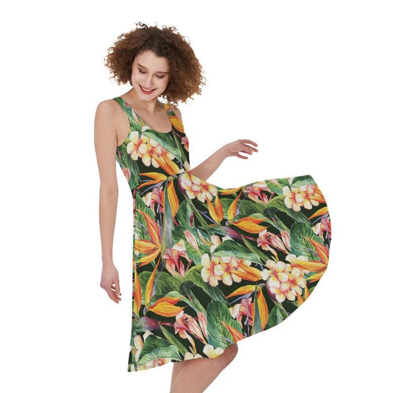 Watercolor Bird Of Paradise Print Sleeveless Knee Length Dress