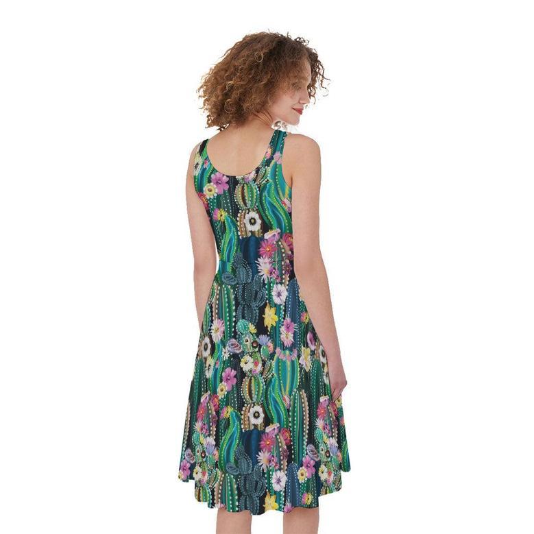 Watercolor Blooming Cactus Print Sleeveless Knee Length Dress