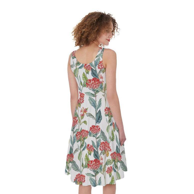 Watercolor Bouvardia Print Sleeveless Knee Length Dress