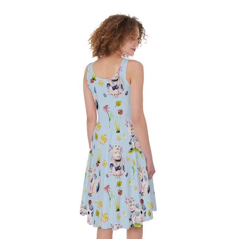 Watercolor Cartoon Cow Pattern Print Sleeveless Knee Length Dress