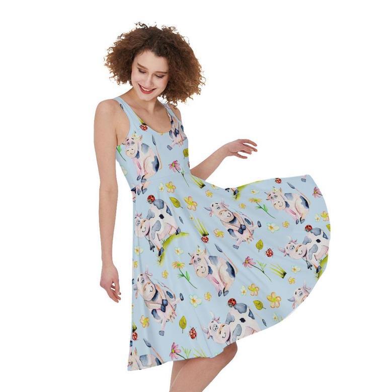 Watercolor Cartoon Cow Pattern Print Sleeveless Knee Length Dress