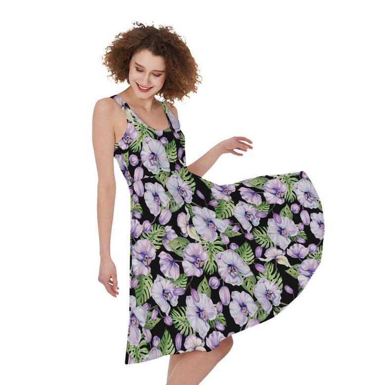 Watercolor Cattleya Pattern Print Sleeveless Knee Length Dress