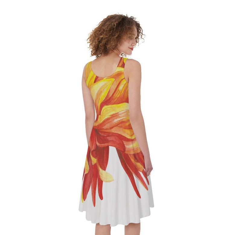 Watercolor Chrysanthemum Print Sleeveless Knee Length Dress