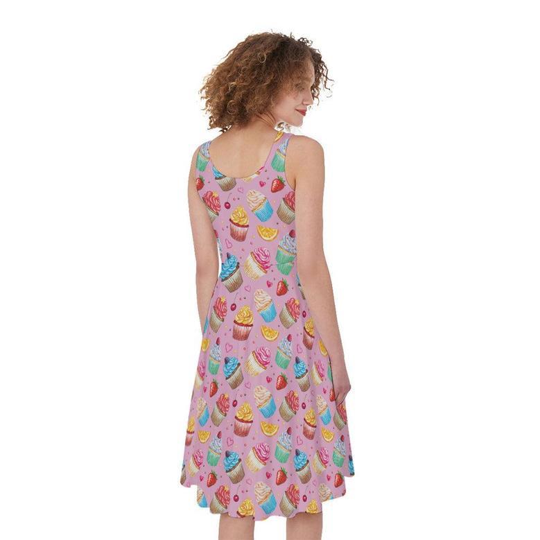 Watercolor Cupcake Pattern Print Sleeveless Knee Length Dress