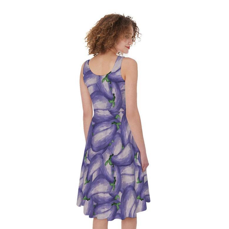 Watercolor Eggplant Print Sleeveless Knee Length Dress