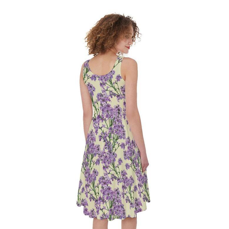 Watercolor Lavender Pattern Print Sleeveless Knee Length Dress