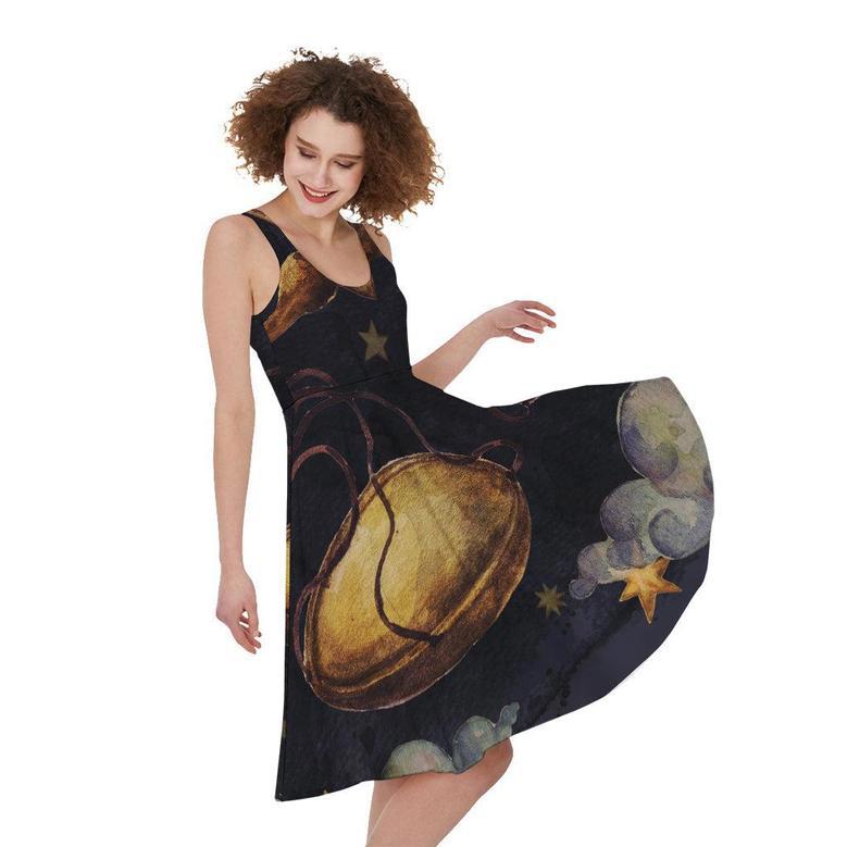 Watercolor Libra Zodiac Sign Print Sleeveless Knee Length Dress