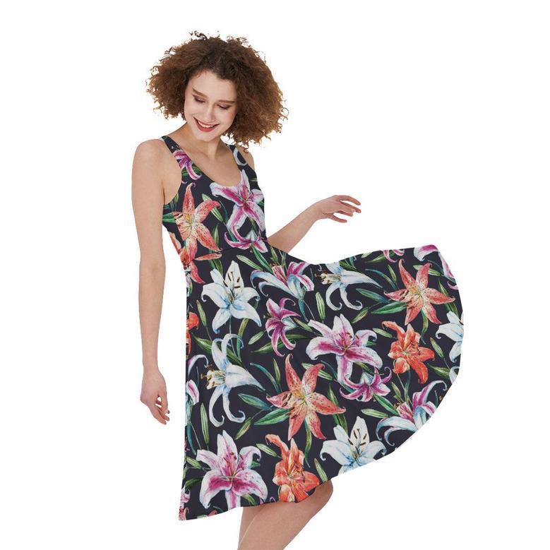 Watercolor Lily Flowers Pattern Print Sleeveless Knee Length Dress