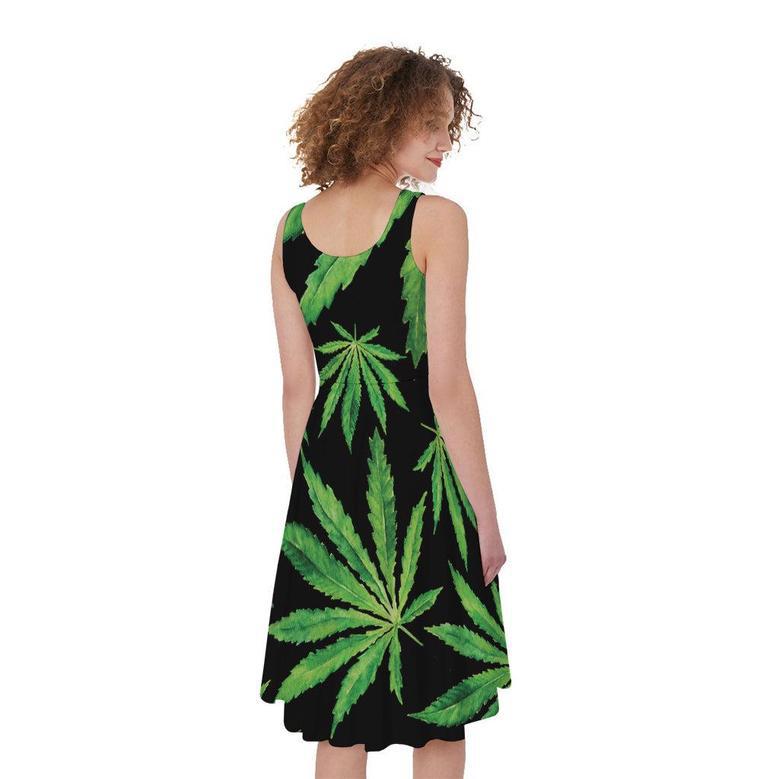 Watercolor Marijuana Leaf Pattern Print Sleeveless Knee Length Dress