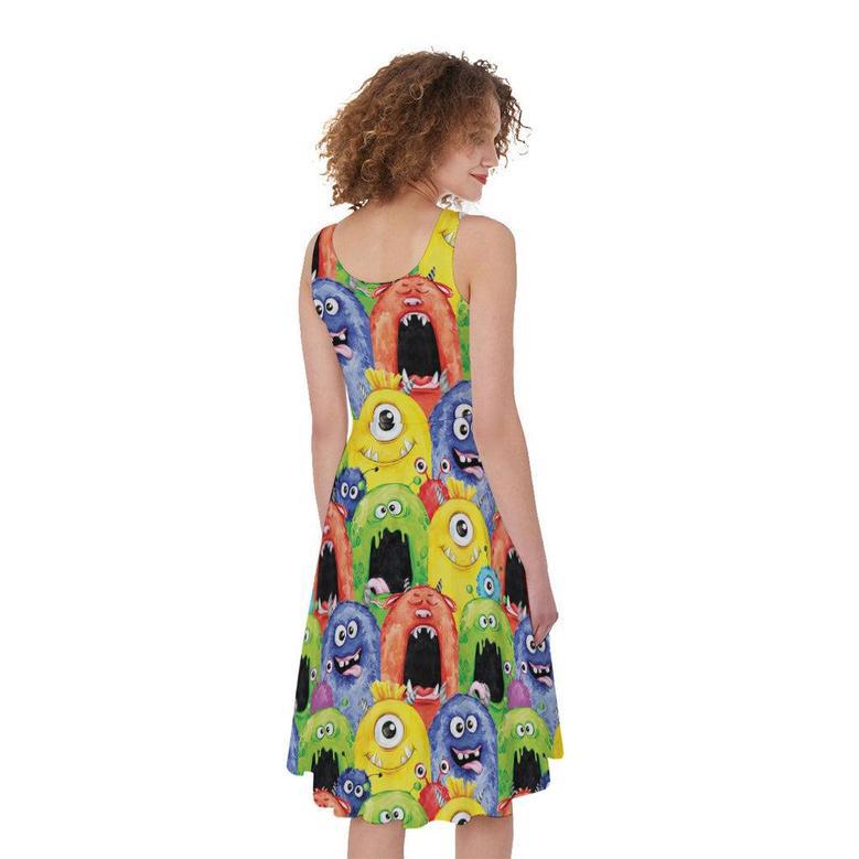 Watercolor Monster Pattern Print Sleeveless Knee Length Dress