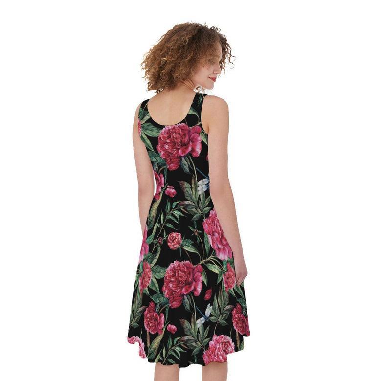 Watercolor Peony Pattern Print Sleeveless Knee Length Dress