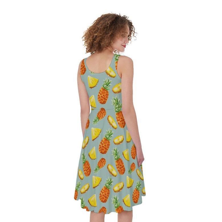 Watercolor Pineapple Pattern Print Sleeveless Knee Length Dress