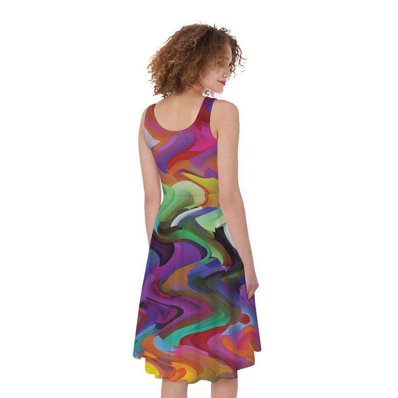 Watercolor Psychedelic Print Sleeveless Knee Length Dress