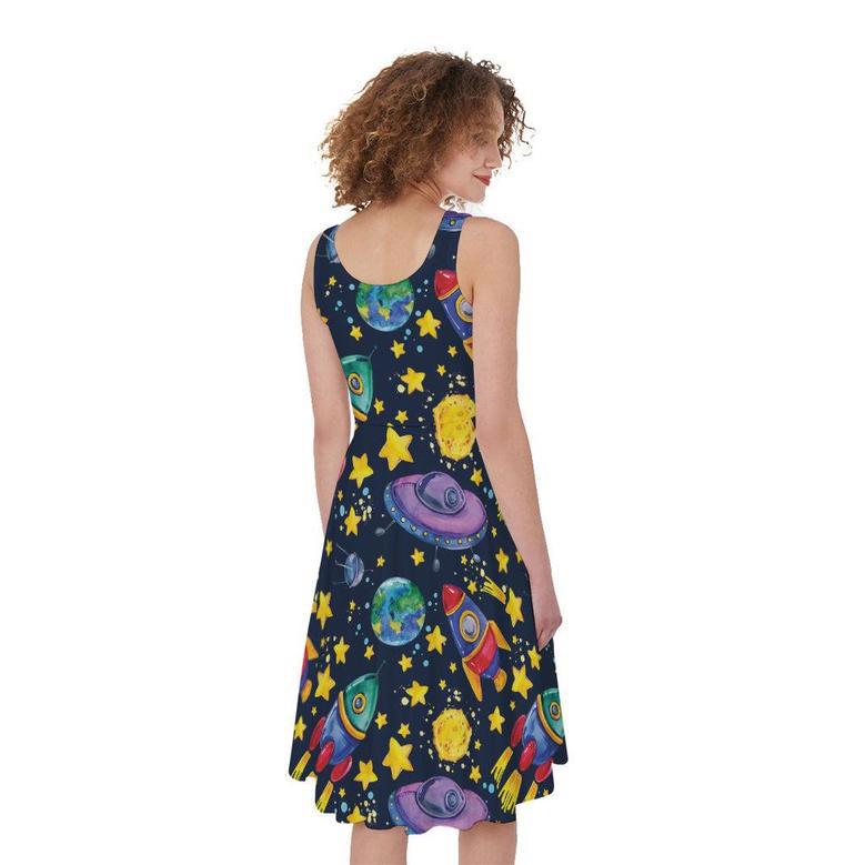 Watercolor Rocket Pattern Print Sleeveless Knee Length Dress