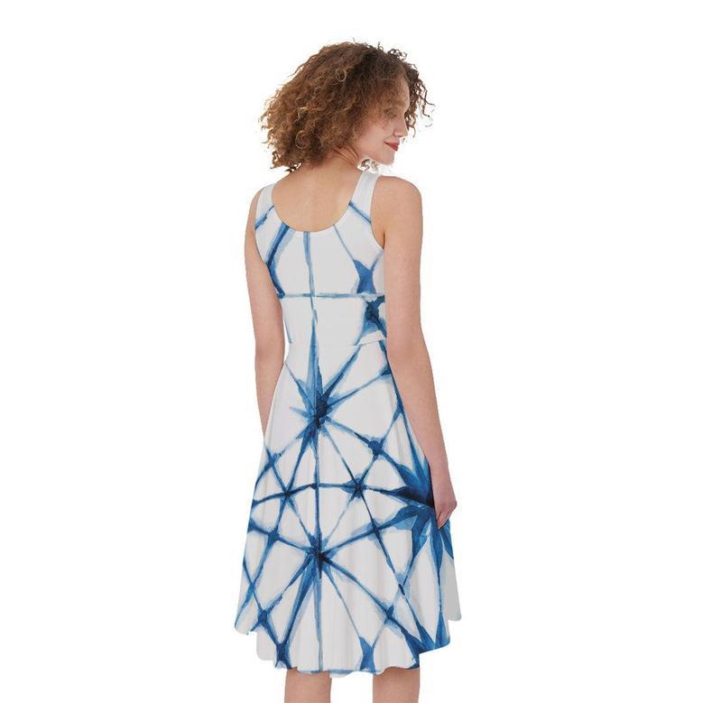 Watercolor Shibori Pattern Print Sleeveless Knee Length Dress