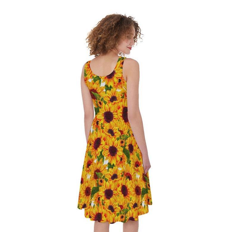 Watercolor Sunflower Pattern Print Sleeveless Knee Length Dress