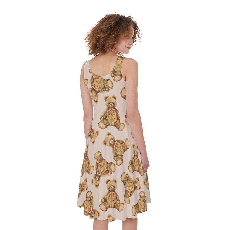 Watercolor Teddy Bear Pattern Print Sleeveless Knee Length Dress