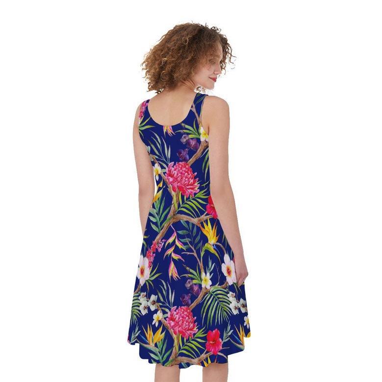 Watercolor Tropical Flower Pattern Print Sleeveless Knee Length Dress