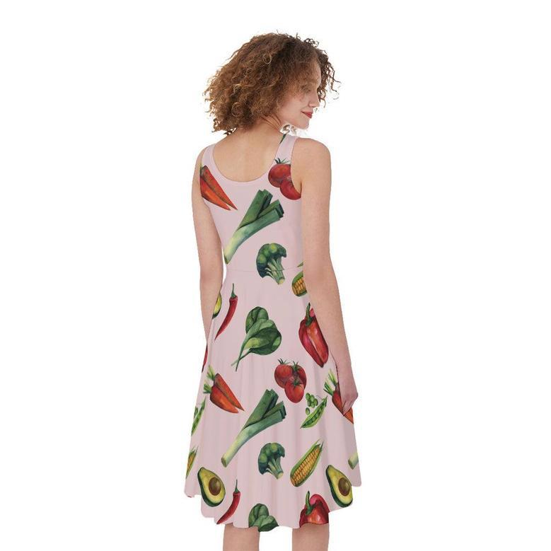 Watercolor Vegan Pattern Print Sleeveless Knee Length Dress