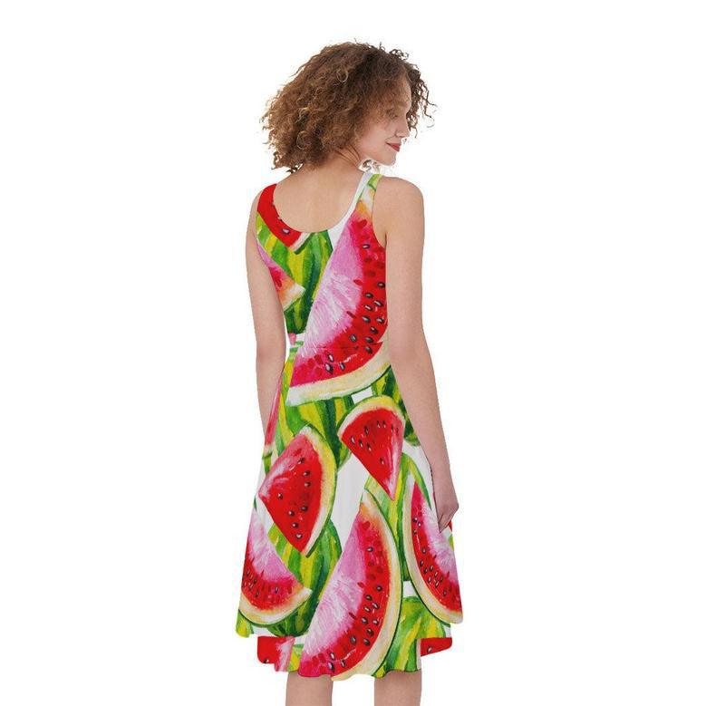 Watercolor Watermelon Pattern Print Sleeveless Knee Length Dress