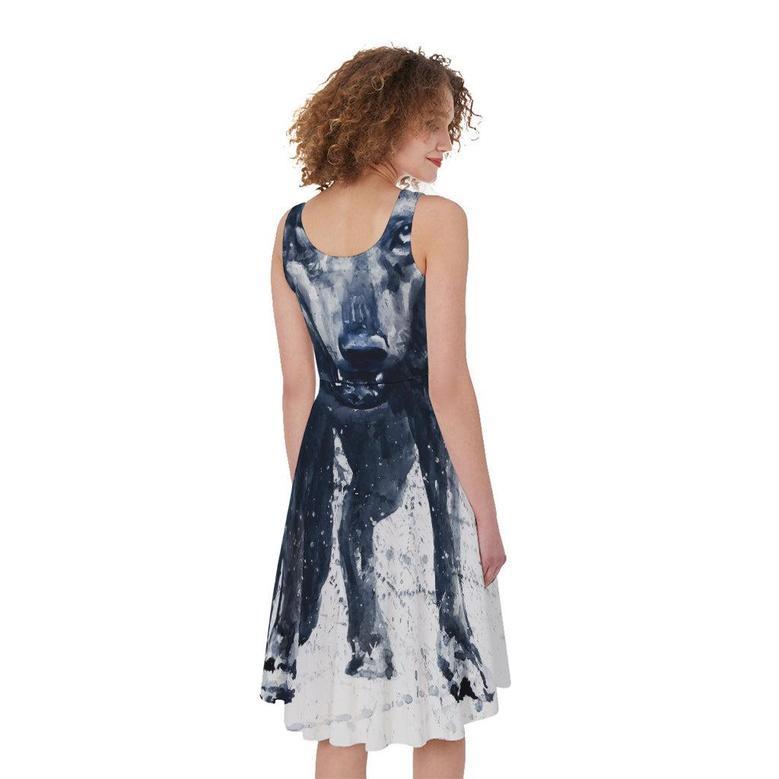 Watercolor Wolf Portrait Print Sleeveless Knee Length Dress