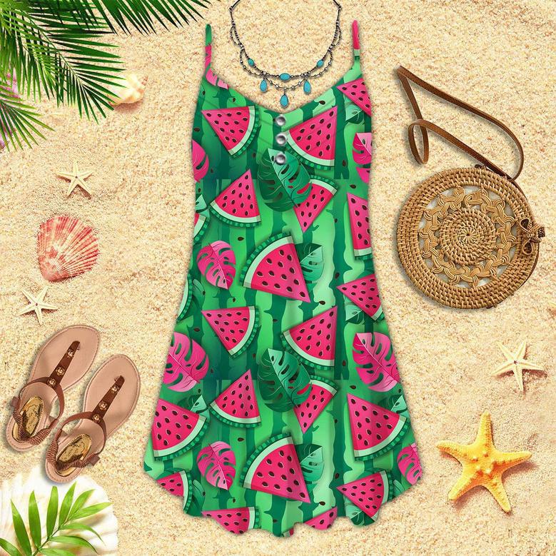 Watermelon Slices And Tropic Leaves Spaghetti Strap Summer Dress