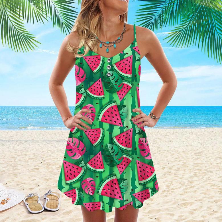 Watermelon Slices And Tropic Leaves Spaghetti Strap Summer Dress