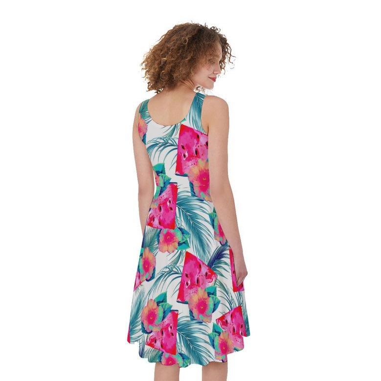 Watermelon Teal Hawaiian Pattern Print Sleeveless Knee Length Dress