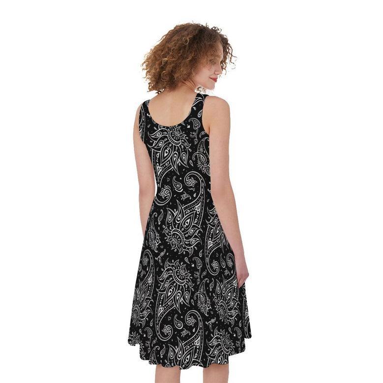 White And Black Paisley Pattern Print Sleeveless Knee Length Dress