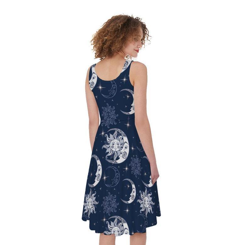 White And Blue Celestial Pattern Print Sleeveless Knee Length Dress