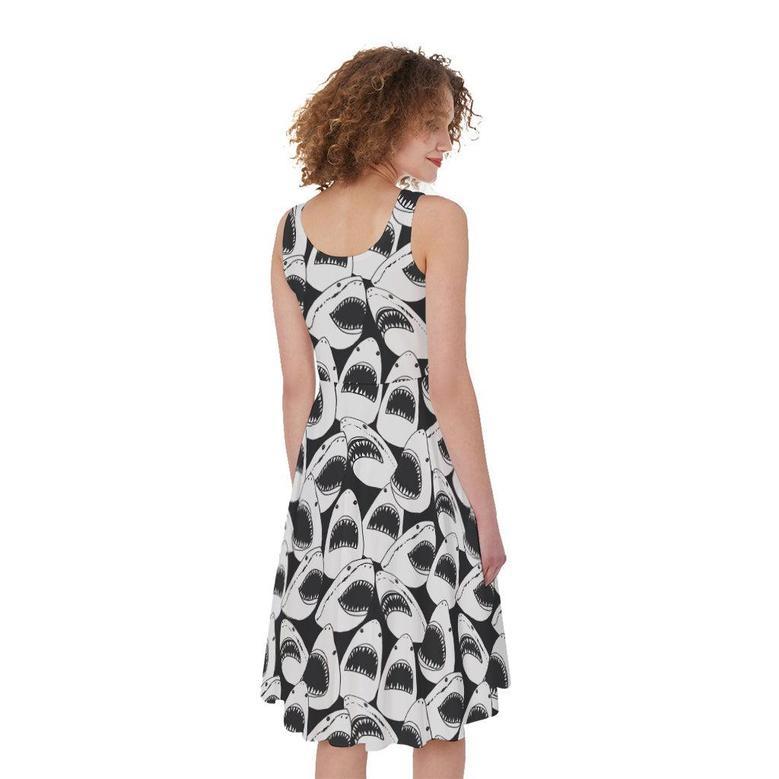 White And Grey Shark Pattern Print Sleeveless Knee Length Dress