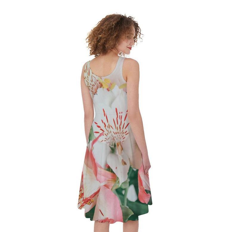 White And Pink Alstroemeria Print Sleeveless Knee Length Dress