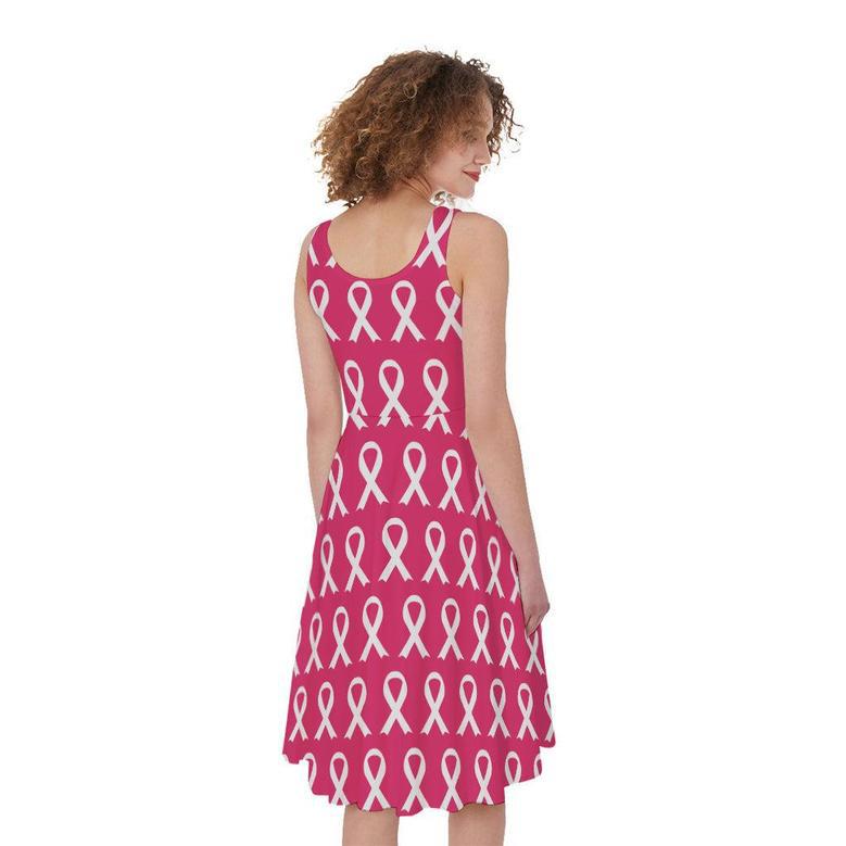 White And Pink Breast Cancer Print Sleeveless Knee Length Dress