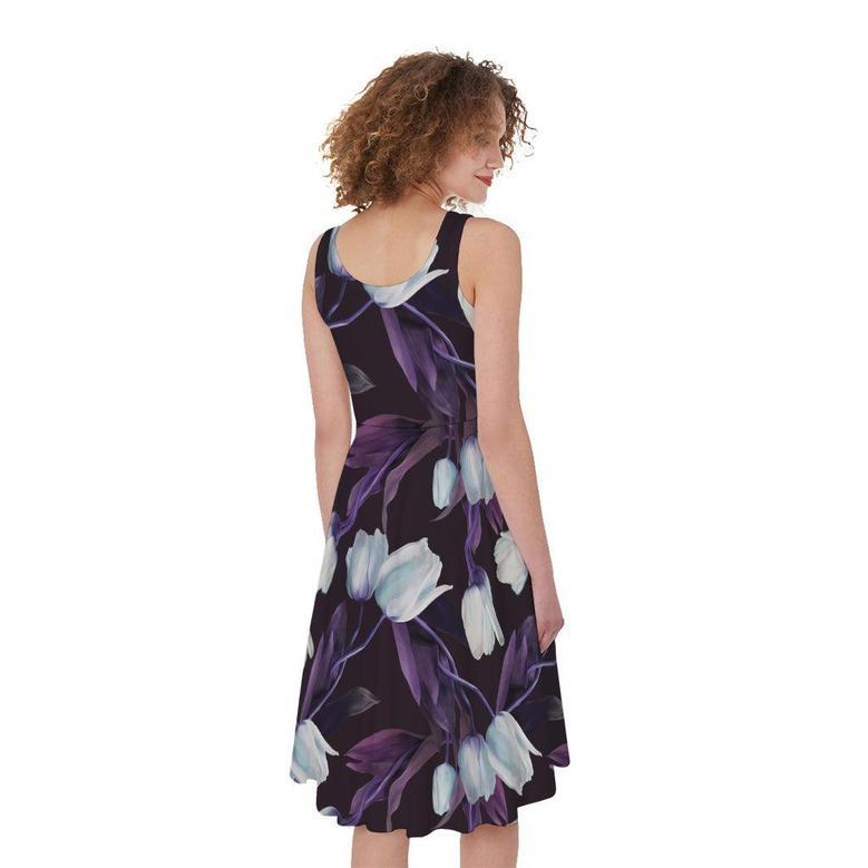 White And Purple Tulip Pattern Print Sleeveless Knee Length Dress