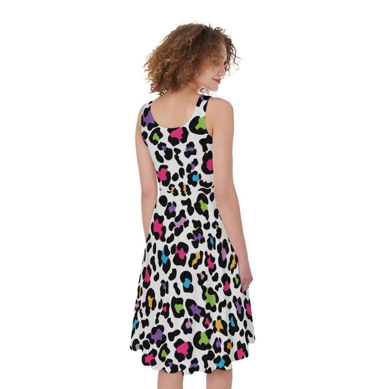 White And Rainbow Leopard Print Sleeveless Knee Length Dress