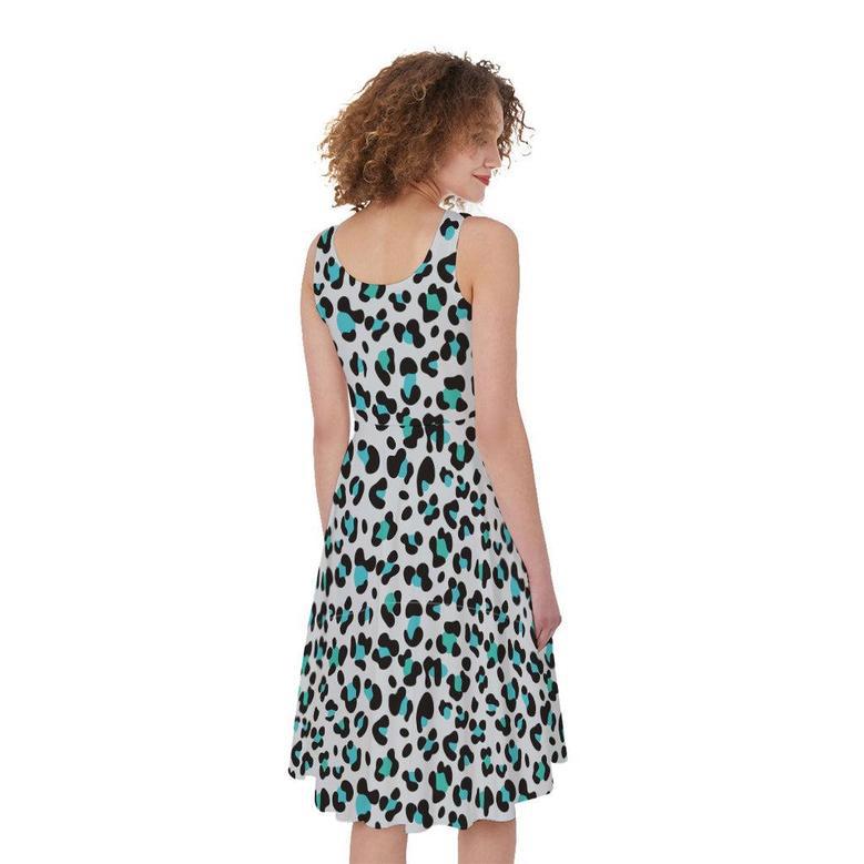 White And Teal Leopard Print Sleeveless Knee Length Dress