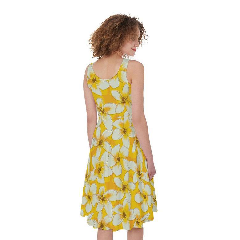 White And Yellow Plumeria Pattern Print Sleeveless Knee Length Dress